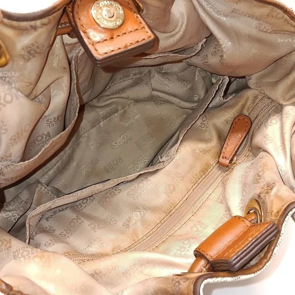 Michael Kors Signature Ring Tote East West Vanilla/Brown Leather Shoulder‎ Bag